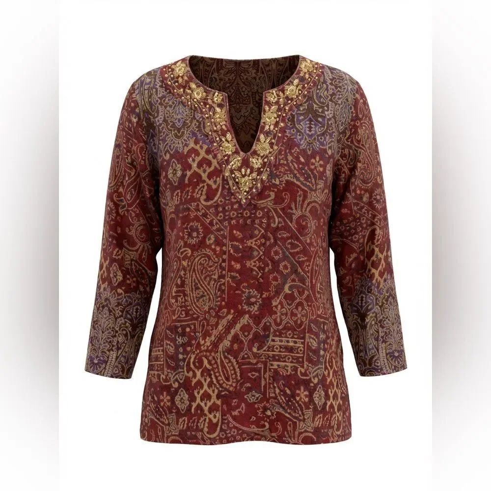 SOFT SURROUNDINGS WOMENS V NECK BLOUSE SIZE PXL TED MULTICOLORED DESIGN